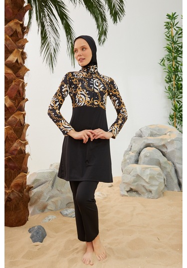 Likralı Tam Kapalı Tesettür Mayo Deniz Mayosu T2123-24 Siyah