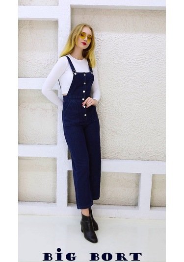 Önden Düğmeli Enzim Kot Kumaş Salopet & Tulum Mavi