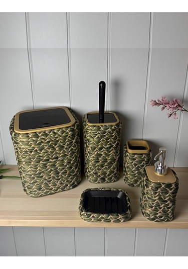 Doğal Dokulu Hasır Görünümlü 6 Parça Banyo Takımı Zarif Ve Modern Yeşil