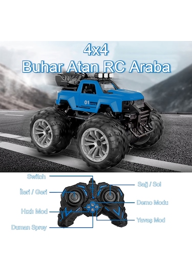 Uzaktan Kumandalı Şarjlı Duman Atan Araba 4x4 Buharlı Işıklı Uzaktan Kumandalı Off Road Araba Rc Stu Mavi