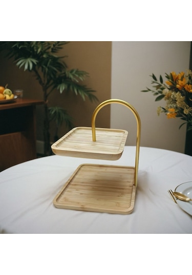 Bambu 2 Katlı Stant, Sunum Standı , Çift Katlı Sunumluk, Dekoratif Stant, Sunum Seti - Kare / Altın Altın
