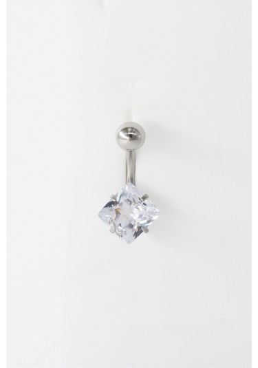 Kadın 316l Anti Alerjenik Topcuklu Baget Zirkon Taşlı Göbek Piercing - Gümüş