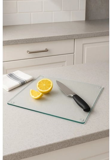 Cam Kesme Tahtası, Büyük Boy Kesme Tahtası, Kenarları Oval Sunumluk, Antibakteriyel 25x35 Cm Şeffaf