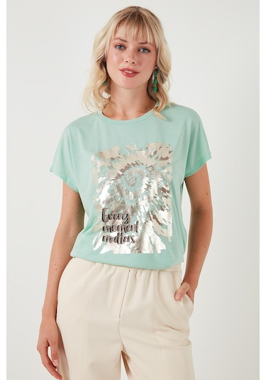 Lela Baskılı Bisiklet Yaka Regular Fit Bayan T Shirt 6671001 Mint