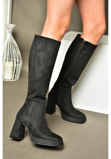 Fox Shoes R282230102 Siyah Süet Platform Kalın Topuklu Kadın Çizme Siyah