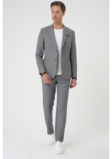 Comfort Fit Mono Yaka Çift Yırtmaç Torba Cep Kendinden Desenli Casual Siyah Ceket C 705 Siyah