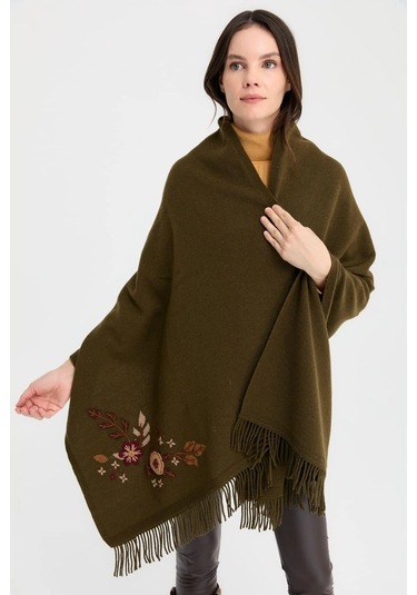 Desen Triko Kadın Papatya İşlemeli Püsküllü Yün Şal 24028 A. Yeşil A. Yeşil