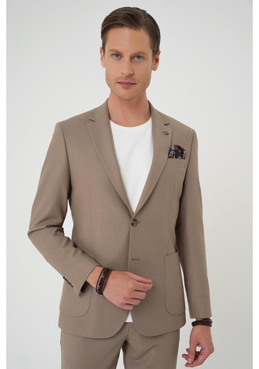Comfort Fit Mono Yaka Torba Cep Casual Koyu Bej Ceket C 708 Bej