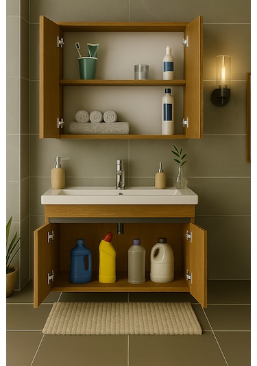 Arista 80 Cm Ahşap Renkli Mdf, Seramik Lavabolu, Alt Ve Üst Dolap Ahşap