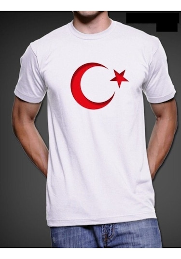 Nacar Store Erkek Beyaz Ay Yıldızlı Baskılı T-shirt