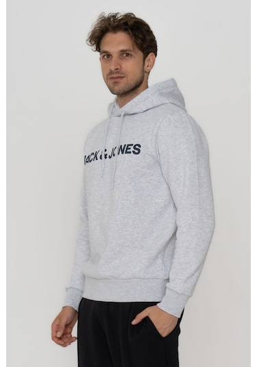 Jack & Jones Erkek Logo Baskili Kapüsonlu Sweatshirt - Deldrick 12193083 White Melange Siyah