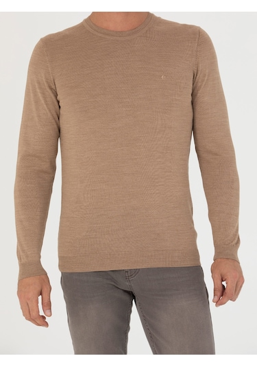Cacharel Camel Slim Fit Bisiklet Yaka Triko Kazak Kahverengi
