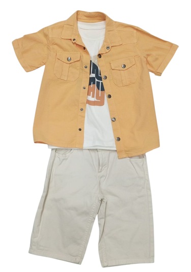 Erkek Çocuk Surf Day Turuncu Keten Gömlek Şortlu Üçlü Takım