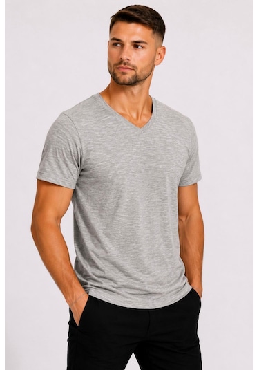 Axxel Erkek Toprak Melanj Pamuklu V Yaka Kısa Kollu T-shirt-d804