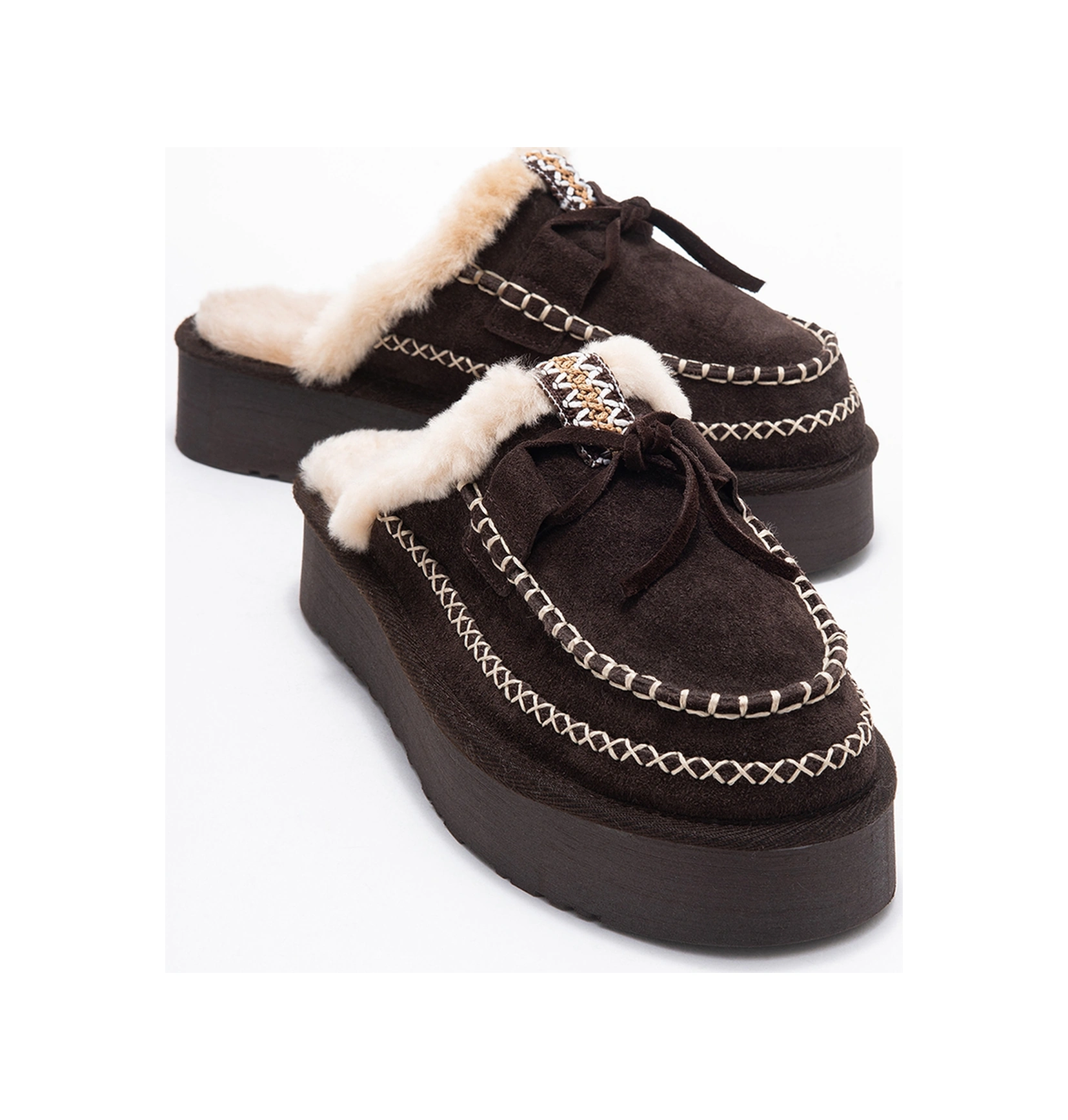 Yalına Kahverengi Süet Hakiki Deri Dikişli Kürklü Kadın Platform Tabanlı Makosen Terlik Kahverengi