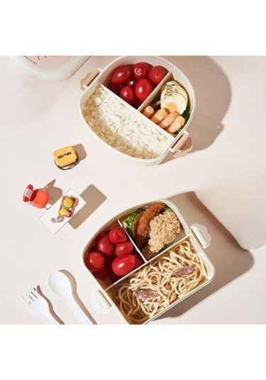 Kızarmış Tavuk Şeklinde Çocuklar İçin Taşınabilir Kapaklı Çatal Kaşık 3 Bölmeli Öğle Yemeği Kutusu Kırmızı