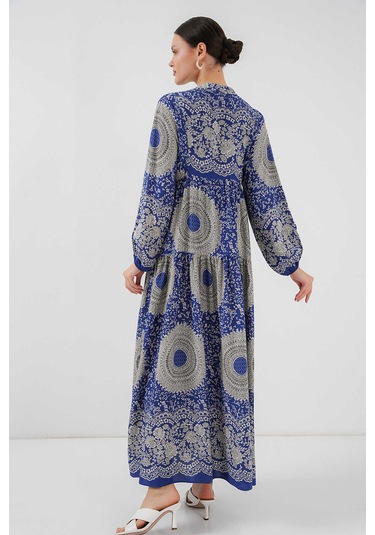 Gabria Ön Düğmeli Desenli Viskon Elbise Saks Mavi - Beyaz