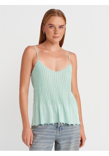 Dilvin 10792 Askılı İnce Dokulu Triko Bluz-mint Mint