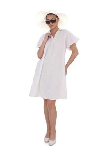 Yarım Kol V Yaka Keten Elbise-9164 Beyaz