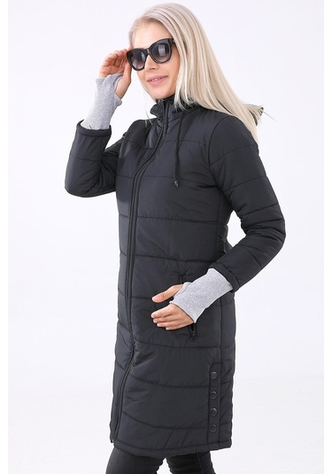 Kışlık Kapüşonlu Orta Boy Kadın Şişme Mont Co805syh Siyah