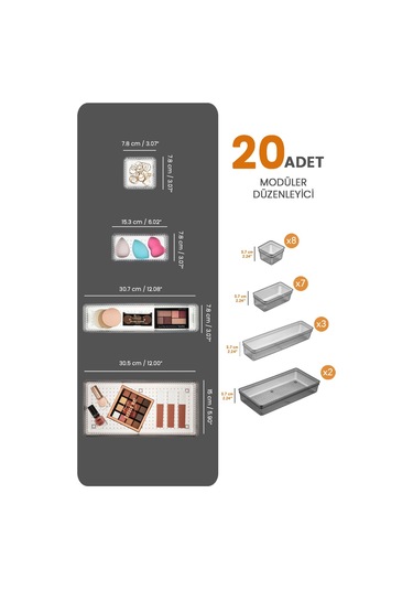 Meleni Home 20 Parça Modüler Dolap Düzenleyici - Saklama Kutusu Çekmece İçi Organizer Siyah