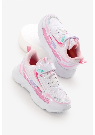 Eva Faylon Taban Desenli Cırtlı Lastik Bağcıklı Çocuk Unisex Beyaz Pembe Spor Ayakkabı Tbkmn310 Beyaz Pembe