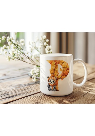 P Harf Sonbahar Yaprak Temalı Kupa Bardak - Sevimli Figürler İle Alfabe Harfli Bardak - Kişiye Özel Beyaz