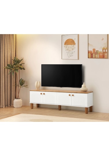 Tv Sehpası 4 Kapaklı Beyaz-meşe 160cm Kurulu Gönderilir Beyaz