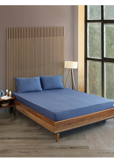 İndigo Mavi Pamuklu Çizgili Saten Lastikli Çarşaf Takımı Tek Kişilik + 1 Yastık Kılıfı Lacivert