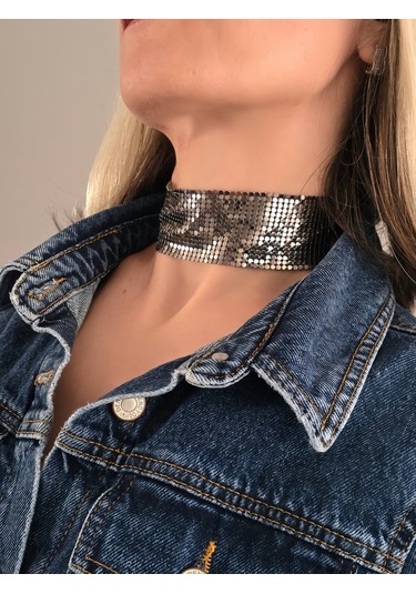Arpa Pul Payet Zırh Metal Geniş Model Antrasit Choker Kolye Antrasit Çok Renkli