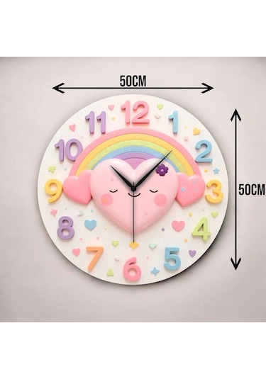 Renkli Baskı Kalp Çocuk Desenli Sayılı Hediyelik Ahşap Sessiz Duvar Saati 50cm ÇOk Renkli