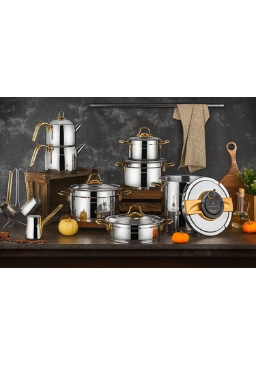 Özlife 18 Parça Tencere Enza Model Çeyiz Seti Sade Gold Açık Gri