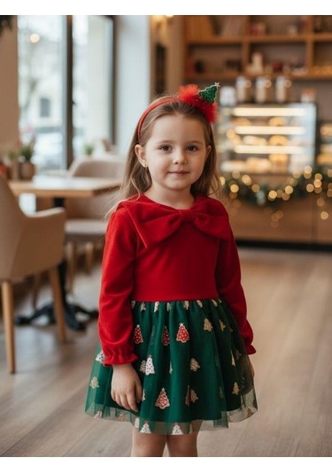 Kız Çocuk Büyük Fiyonklu Yılbaşı Temalı Taçlı Elbise-16403 Kırmızı