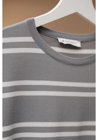 San&fa Bisiklet Yaka Çizgili Rayon Kumaş Slimfit T-shirt Gri