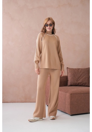 Kadın Dik Yaka Kazak Pantolon İkili Triko Takım Açık Camel