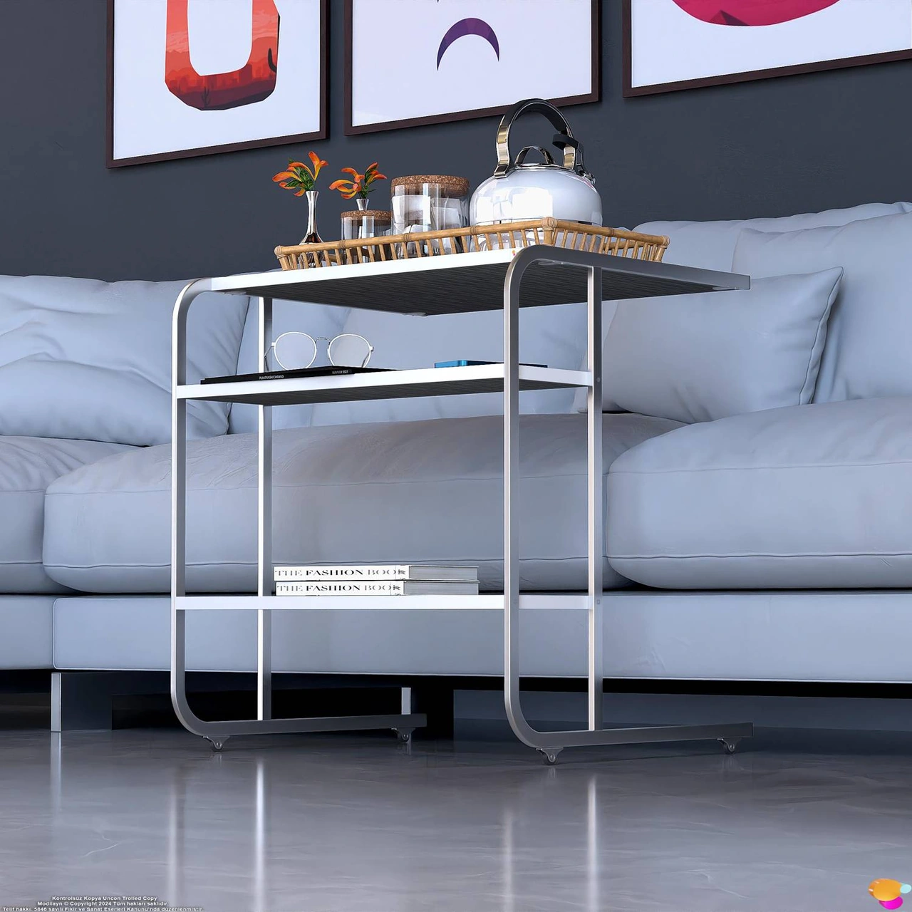 Modilayn C Yan Sehpa Geniş Boy Tekerlekli Çalışma, Atıştırmalık, Yemek, Laptop Sehpası Siyah Çizgili Siyah