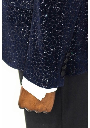 Wessi Işıltılı Çiçek Desenli Lacivert Erkek Smokin Ceket Lacivert