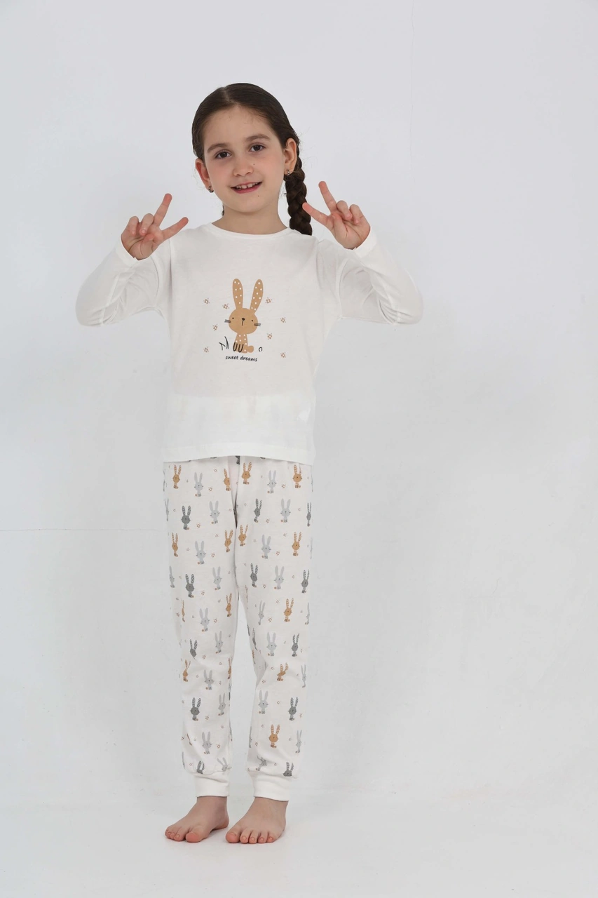 Toontoy Kız Çocuk Tavşan Baskılı Pijama Takım Ekru