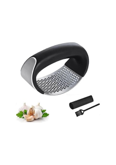 Sarımsak Presi Salıncak Seti, Paslanmaz Çelik Sarımsak Kıyma Makinesi - Mutfak Aletleri Sarımsak Doğrayıcı, Silikon Soyucu Ve Temizleme Fırçası Siyah