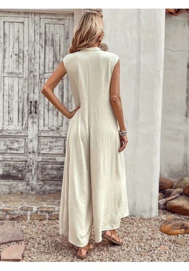 Ahes Shopping Kadın Kısa Kollu Önden Düğmeli Paçaya Doğru Geniş Cepli Uzun Bürümcük Tulum Bej