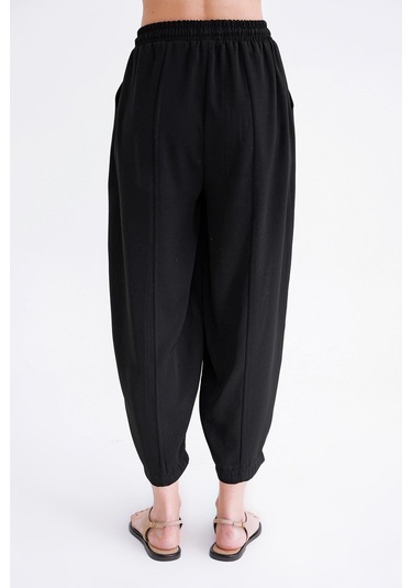 4307 Kadın Beli Lastikli Parçalı Şalvar Pantolon Siyah Siyah