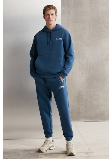 Grimelange Martel Erkek Yumuşacık Içi Polarlı Baskılı Regular Kordonlu Mavi Sweatshirt
