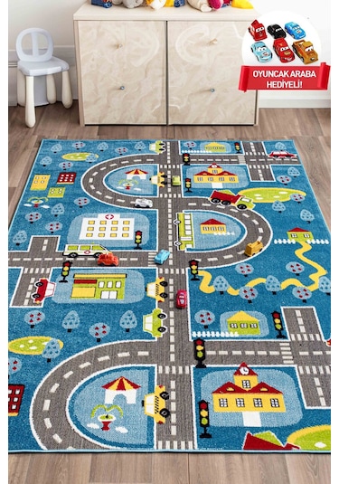 Konfor Halı 3 Boyutlu Mavi Trafik Arabalı Dokuma Çocuk Oyun Halısı Mavi