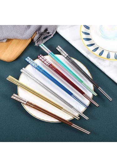 Agoodshop Mavi Paslanmaz Titanyum Altın Kare Yemek Çubukları Ev Otel Seti Hediye Kutusu Mavi Mavi