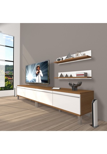 Decoraktiv Eko 220t Mdf Krom Ayaklı Tv Ünitesi Tv Sehpası Ceviz - Beyaz