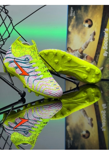 Unisex Krampon Çoraplı Çivili Desenli Bağcıklı Air Halı Saha Ve Çim Zemin Futbol Spor Ayakkabısı 2060 Beyaz - Sarı