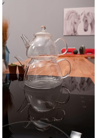 Borosilikat Cam Çaydanlık Seti - Demlik Isıya Dayanıklı, Süzgeçli Model Şeffaf