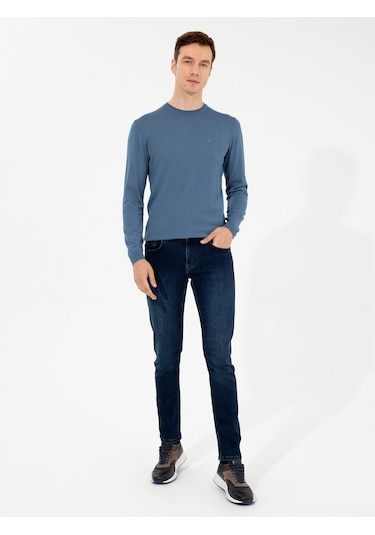 Cacharel Mavi Slim Fit Bisiklet Yaka Basic Triko Kazak