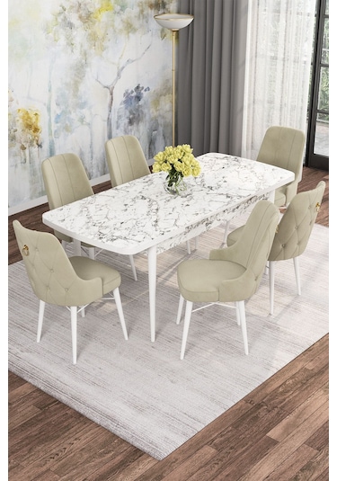 Mona Beyaz Mermer 80x132 Açılabilir Mdf Masa Yemek Odası Takımı, Mutfak Takımı 6 Adet Sandalye Beyaz Mermer - 6 Krem - Beyaz Ayak