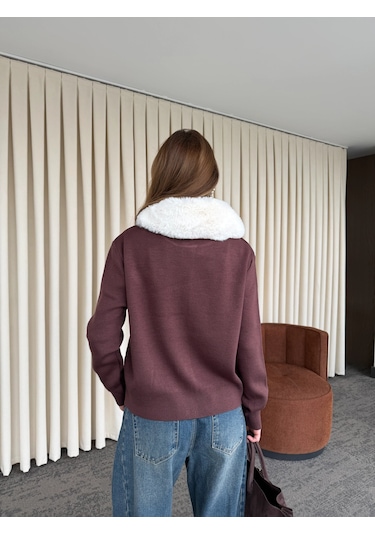 Laluvia Bordo Yakası Kürklü Hırka - 261002 Bordo